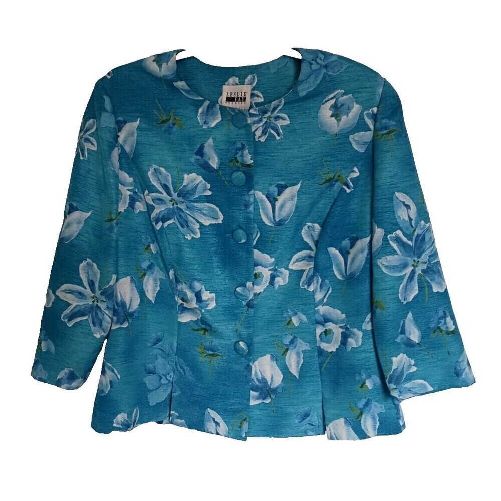 Vintage Leslie Fay Floral Blazer Womens Turquoise White Statement Jacket Size 12